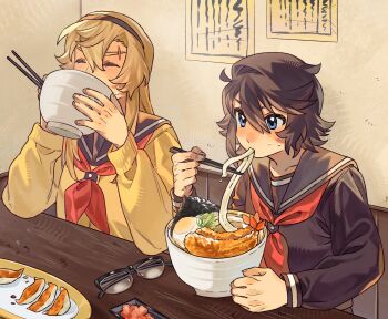 2girls black_hair black_headband black_sailor_collar black_serafuku black_shirt blonde_hair blue_eyes booth_seating bowl cardigan chopsticks closed_eyes commentary drinking_from_bowl eating food hashtag-only_commentary headband highres holding holding_bowl holding_chopsticks jiguang_haibao koishikawa_iko long_hair long_sleeves messy_hair momijiyama_teru multiple_girls neckerchief noodles ramen red_neckerchief sailor_collar scar scar_across_eyebrow scar_on_face school_uniform semi-rimless_eyewear serafuku shirt short_hair shrimp shrimp_tempura shy_(series) sitting sweat tempura unworn_eyewear yellow_cardigan