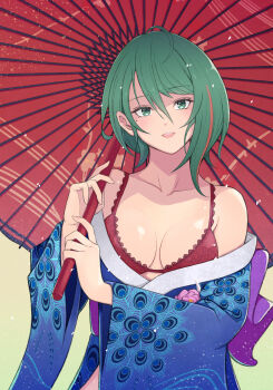 1girl ahoge asymmetrical_hair bare_shoulders blue_kimono bra breasts collarbone commission dead_or_alive dead_or_alive_6 dead_or_alive_xtreme dead_or_alive_xtreme_venus_vacation female_focus green_eyes green_hair hair_between_eyes happy highres holding holding_umbrella japanese_clothes kimono konishiki_(52siki) looking_at_viewer medium_breasts mole mole_under_eye multicolored_hair oil-paper_umbrella open_clothes open_mouth red_bra red_umbrella skeb_commission smile solo streaked_hair tagme tamaki_(doa) teeth umbrella underwear upper_body upper_teeth_only