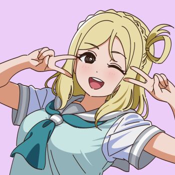 1girl arm_up arms_up blonde_hair blush breasts close-up double_v green_necktie green_vest grey_sailor_collar hands_up head_tilt highres long_hair looking_at_viewer love_live! love_live!_sunshine!! necktie nose ohara_mari one_eye_closed purple_background sailor_collar school_uniform serafuku short_sleeves simple_background sleeve_cuffs smile solo summer_uniform uranohoshi_school_uniform uyu1023 v vest