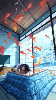 Rule 34 | 1girl, black hair, blanket, calendar (object), closed eyes, commentary request, day, fish, food, fruit, highres, indoors, kotatsu, long hair, mandarin orange, open mouth, original, pond, sanmen (threeface il), shouji, sleeping, sliding doors, snow, table, television, tree