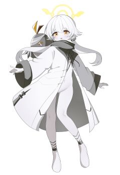 1girl absurdres black_scarf blue_archive bottomless coat commentary commission cosplay ein_(blue_archive) ein_(blue_archive)_(cosplay) full_body hair_flaps hair_intakes hair_ornament halo hifumi_(blue_archive) highres light_blush loli long_hair long_sleeves looking_at_viewer low_twintails navel no_pussy open_clothes open_coat outstretched_arms parted_lips peroro_(blue_archive) scarf shusuchii sidelocks simple_background smile solo symbol-shaped_pupils twintails white_background white_coat wide_sleeves wing_hair_ornament x-shaped_pupils yellow_eyes yellow_halo