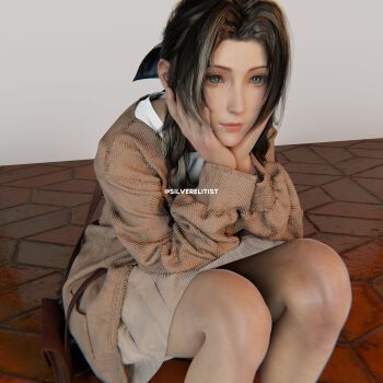 1girl 3d absurdres aerith_gainsborough alternate_costume ashley_swidowski bag blue_ribbon brown_coat brown_hair brown_skirt casual coat final_fantasy final_fantasy_vii final_fantasy_vii_remake green_eyes hair_ribbon hands_on_own_cheeks hands_on_own_face highres long_sleeves looking_to_the_side parted_bangs print_shirt ribbon shirt shoulder_bag sidelocks silverelitist skirt solo square_enix tile_floor tiles