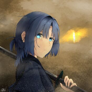 Rule 34 | 1girl, absurdres, alternate costume, black nails, blue eyes, blue hair, blue kimono, closed mouth, commentary request, earclip, highres, hiodoshi ao, holding, holding sword, holding weapon, hololive, hololive dev is, japanese clothes, katana, kimono, looking at viewer, medium hair, mole, mole under mouth, slime yhy, solo, sword, virtual youtuber, weapon