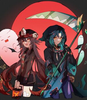 1boy 1girl aqua_hair bead_necklace beads black_hair brown_hair bug butterfly commentary emmikn english_commentary facial_mark flower-shaped_pupils forehead_mark genshin_impact ghost gloves gradient_hair halloween halloween_costume hat highres holding holding_weapon hood hood_up hu_tao_(genshin_impact) hu_tao_(halloween)_(genshin_impact) insect jewelry long_hair long_sleeves multicolored_hair necklace official_alternate_costume open_mouth orange_eyes patchwork_clothes red_butterfly red_eyes red_hair scythe shorts simple_background stitched_face stitches symbol-shaped_pupils tassel twintails twitter_username very_long_hair weapon xiao_(genshin_impact) xiao_(halloween)_(genshin_impact)