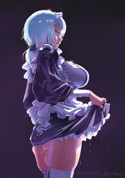1girl alternate_costume apron ass ass_peek black_background black_dress blue_eyes blue_hair breasts character_request check_character clothes_lift commentary cowboy_shot dated dress dress_lift enmaided frilled_apron frilled_dress frills from_side garter_straps gradient_background gundam gundam_exa_vs gundam_extreme_vs._2 gundam_n-extreme highres large_breasts lifting_own_clothes lips long_sleeves maid maid_apron maid_headdress morioka_yasuto neia_e_pique parted_lips profile short_dress short_hair signature solo thighhighs thighs wet wet_clothes wet_dress white_apron white_thighhighs