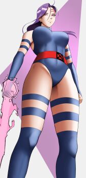 Rule 34 | 1girl, absurdres, armband, asian, belt, breasts, elbow gloves, energy sword, from below, gloves, highleg, highleg leotard, highres, large breasts, leotard, long hair, looking at viewer, marvel, marvel vs. capcom, marvel vs. capcom 2, ninja, pink eyes, poketune, psylocke, purple hair, revealing clothes, scar, scar on face, sword, thong leotard, weapon, x-men