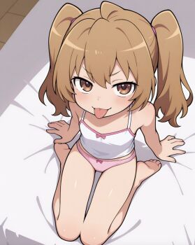 ai-generated aisaka_taiga brown_eyes brown_hair child flat_chest kneeling loli looking_at_viewer looking_up on_bed panties petite pink_panties shirt skinny tongue tongue_out toradora! tsundere underwear white_shirt