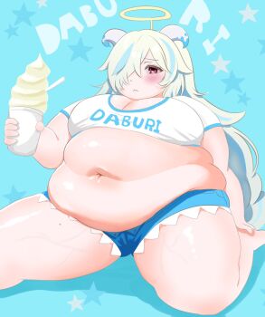 Rule 34 | 1girl, belly, big belly, blue background, blue hair, blue shorts, blush, breasts, cleavage, crop top, doubliel, fake halo, fat, fat rolls, fat woman, food, frown, green hair, hair over one eye, halo, highres, holding, holding food, holding ice cream, horns, ice cream, large breasts, long hair, mahjong fight girl, matsupuni, mole, mole on thigh, muffin top, navel, obese, one eye covered, pink eyes, shirt, short shorts, shorts, sitting, solo, star (symbol), sweat, thick thighs, thighs, wariza, white shirt
