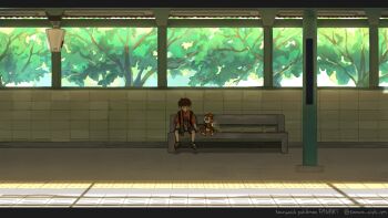 1boy baseball_cap black_border black_eyes black_footwear black_shorts border brown_hair chimchar day gen_4_pokemon green_hat hat highres holding_hands looking_at_another looking_down monkey nintendo on_bench orange_shirt outdoors pokemon pokemon_(creature) sandals shirt short_hair short_sleeves shorts sitting t-shirt tororo_oishi_ym train_station tree twitter_username unworn_hat unworn_headwear