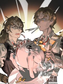 1other 2boys artist_name beard_stubble bird black_vest blank_eyes bongy_(project_moon) brown_hair chest_strap chicken cigarette collarbone curtained_hair facial_hair gregor_(project_moon) heathcliff_(project_moon) highres holding holding_brush limbus_company male_focus medium_hair multiple_boys mustache_stubble necktie plate project_moon red_necktie scar scar_on_face shirt shoggoth_(sirens20211) short_hair stubble vest watermark wavy_mouth white_shirt