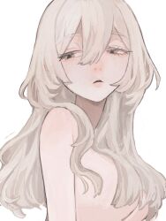 Rule 34 | 1girl, breasts, enimo, grey eyes, grey hair, hair between eyes, hair over breasts, half-closed eyes, highres, large breasts, long hair, looking to the side, nude, original, parted lips, simple background, solo, upper body, white background