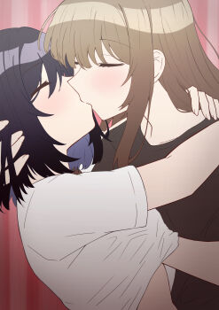 2girls absurdres arms_around_neck black_hair black_shirt blush brown_hair closed_eyes clothes_lift commentary_request french_kiss grabbing_another's_breast groping hand_in_another's_hair hand_on_another's_shoulder hand_under_clothes hand_under_shirt highres kiss long_hair medium_hair melonpan134 miyagi_shiori multiple_girls sendai_hazuki shirt shirt_lift shuuniichido_classmate_wo_kau_hanashi white_shirt yuri