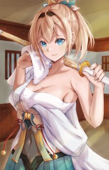 1girl absurdres aqua_eyes blonde_hair breasts chest_sarashi commentary_request covered_navel exercising hair_between_eyes hair_ornament hairband haori highres holding holding_sword holding_towel holding_weapon hololive indoors japanese_clothes katana kazama_iroha kenichiart looking_at_viewer medium_breasts off_shoulder ponytail practicing sarashi smile solo sweat sword towel virtual_youtuber weapon wiping_face yellow_haori