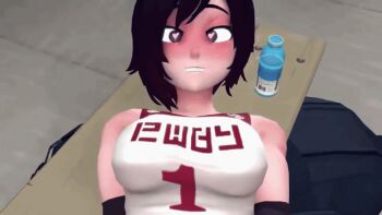 10s 1boy 1girl 3d animated animated_gif bench black_hair blush bottle bouncing bouncing_breasts breast_slap breasts brown_hair dark-skinned_male dark_skin drink elbow_pads heart heart-shaped_pupils indoors interior interracial large_breasts looking_at_viewer looking_down lowres lying midriff on_back on_bench ponkosfm pov product_placement ruby_rose rwby short_hair slapping smartwater solo_focus source_filmmaker_(medium) sportswear symbol-shaped_pupils tank_top third-party_edit white_tank_top