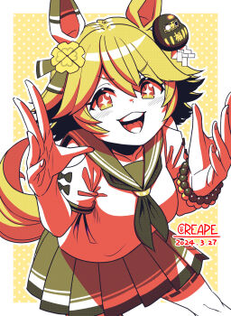 1girl animal_ears bead_bracelet beads bracelet breasts clover_hair_ornament commentary_request creape daruma_doll daruma_doll_hair_ornament ear_covers flipped_hair four-leaf_clover_hair_ornament hair_between_eyes hair_ornament highres horse_ears horse_girl horse_tail jewelry looking_at_viewer matikanefukukitaru_(rising_fortune)_(umamusume) matikanefukukitaru_(umamusume) neckerchief open_mouth pleated_skirt sailor_collar school_uniform serafuku shirt short_hair short_sleeves single_ear_cover skirt smile solo star-shaped_pupils star_(symbol) symbol-shaped_pupils tail teeth umamusume