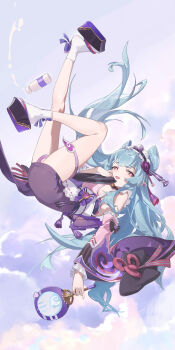 1girl absurdres apron bare_legs bare_shoulders berserker_r blue_hair breasts genshin_impact hairband hand_fan highres holding holding_fan japanese_clothes long_hair platform_clogs pointy_ears purple_eyes tail yumemizuki_mizuki