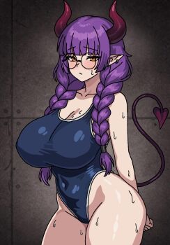 blunt_bangs demon_girl earrings glasses highres horns jewelry maya_heartxd orange_eyes original pale_skin pointy_ears purple_hair round_eyewear school_swimsuit shiny_skin sweatdrop swimsuit tail