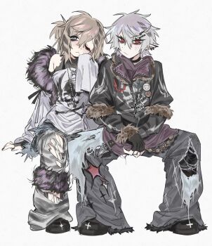 2boys alternate_costume badge bags_under_eyes black_choker black_gloves black_shoes blush brown_hair button_badge choker closed_mouth commentary cross cross_necklace ear_piercing fingerless_gloves full_body fur-trimmed_jacket fur_trim gloves grey_hair grey_jacket grey_pants grey_shirt hair_ornament hairclip head_tilt highres invisible_chair jacket jewelry kanae_(nijisanji) knife_hair_ornament kuzuha_(nijisanji) male_focus mole mole_under_eye multiple_boys necklace nijisanji one_eye_closed pants piercing pointy_ears print_shirt punk raccoon_tails_(hairstyle) red_eyes shirt shoes side_ponytail simple_background single_sleeve_past_fingers sitting sp1nosaur symbol-only_commentary torn_clothes torn_pants torn_shirt virtual_youtuber white_background