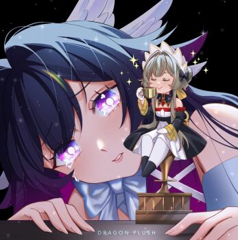 2girls bare_shoulders black_background black_bow black_hair black_shoes bow bright_pupils closed_eyes columbina_(genshin_impact) commentary crying crying_with_eyes_open cup dragon_plush_(139305) dress english_commentary genshin_impact gloves hair_bow highres holding holding_cup long_hair looking_at_viewer mini_person minigirl multiple_girls pantyhose parted_lips purple_eyes sandrone_(genshin_impact) shoes sitting smile tears white_gloves white_pantyhose white_pupils