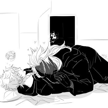 1girl 2boys absurdres affectionate age_difference black_coat_(kingdom_hearts) black_hair caught chibi closed_eyes colored_eyelashes commentary couple covering_own_mouth cuddling dark-skinned_male dark_skin door doorway gasp gloves greyscale hand_over_own_mouth heart highres hood kingdom_hearts kingdom_hearts_ii light_blush long_hair lying lying_on_another male_focus monochrome multiple_boys nekokat42 on_back on_bed open_door organization_xiii parted_lips pointy_ears roxas short_hair sketch smile speech_bubble spiked_hair surprised walk-in white_hair xemnas xion_(kingdom_hearts) yaoi