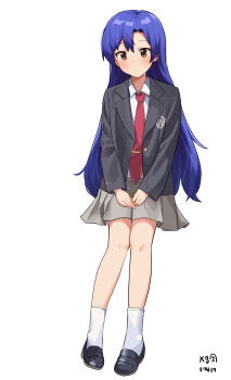 1girl black_shoes blazer blue_hair blush brown_hair closed_mouth dot_mouth full_body grey_jacket grey_skirt highres idolmaster idolmaster_(classic) jacket kisaragi_chihaya lapels long_hair miniskirt myeolchi necktie notched_lapels red_necktie school_uniform shoes simple_background skirt socks solo standing white_background white_socks