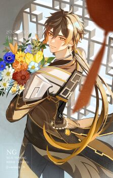 1boy absurdres antenna_hair artist_name black_pants blue_flower blurry blurry_foreground bouquet brown_hair brown_jacket closed_mouth cowboy_shot crystal_hair_ornament dated earrings english_text eyeshadow floating_clothes floating_hair flower from_behind gem genshin_impact gradient_hair hair_between_eyes hair_ornament hands_up happy_birthday highres holding holding_bouquet indoors jacket jewelry lips long_hair long_sleeves looking_at_viewer looking_back low_ponytail makeup male_focus multicolored_hair orange_flower orange_gem orange_hair orange_rose pants ponytail purple_flower red_eyeshadow red_flower rose round_window single_earring smile solo standing sunlight tassel tassel_earrings tubakkkki65 vision_(genshin_impact) watermark white_flower window yellow_eyes yellow_flower yellow_pupils zhongli_(genshin_impact)