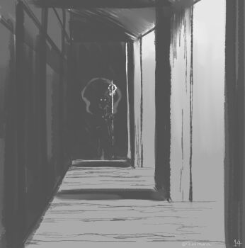 1girl 929mura bishamonten&#039;s_spear eyes_in_shadow face_in_shadow facing_viewer full_body greyscale hagoromo hallway highres holding holding_polearm holding_weapon in_shadow looking_at_viewer monochrome pillar polearm shawl solo standing toramaru_shou touhou weapon wide_shot