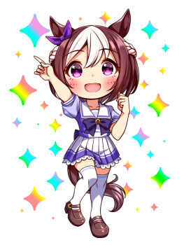 1girl animal_ears blush bow bowtie braid breasts brown_hair chibi chibi_only collarbone commentary_request ear_bow full_body half_up_braid highres horse_ears horse_girl horse_tail looking_at_viewer multicolored_hair open_mouth pleated_skirt puffy_short_sleeves puffy_sleeves purple_bow purple_bowtie purple_eyes purple_shirt sailor_collar sailor_shirt school_uniform shirt shoes short_hair short_sleeves skirt smile solo special_week_(umamusume) standing standing_on_one_leg sugimotty_nova tail thighhighs tracen_school_uniform two-tone_hair umamusume white_hair white_sailor_collar white_skirt white_thighhighs zettai_ryouiki