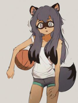 1girl alternate_hair_length alternate_hairstyle animal_ears ball basketball basketball_(object) blue_eyes blue_hair blue_shorts brand_new_animal butterchalk contrapposto cowboy_shot expressionless female_focus furry furry_female grey_background holding holding_ball kagemori_michiru legs_apart long_hair looking_at_viewer lowres raccoon_ears raccoon_girl raccoon_tail shirt shorts simple_background sleeveless sleeveless_shirt solo sweat tail tanuki white_shirt