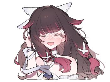 Rule 34 | 1girl, 22 rink, :d, bare shoulders, blunt bangs, brown hair, closed eyes, columbina (genshin impact), dress, genshin impact, hair flaps, hair intakes, hair ornament, hair ribbon, head wings, highres, long hair, mask, multicolored hair, open mouth, red hair, ribbon, sidelocks, simple background, smile, solo, streaked hair, upper body, white background, white dress, white ribbon, white wings, wings, x hair ornament