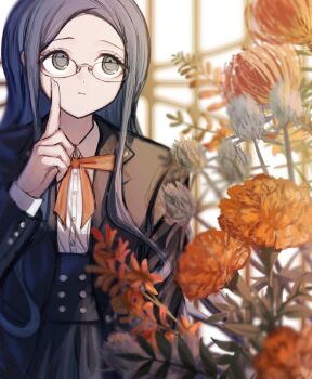 1girl black_jacket blue_hair bow bowtie closed_mouth collared_jacket collared_shirt commentary danganronpa_(series) danganronpa_v3:_killing_harmony english_commentary eyelashes finger_to_cheek flower glasses grey_eyes highres index_finger_raised jacket long_hair long_sleeves orange_bow orange_bowtie orange_flower orange_ribbon ribbon ringed_eyes round_eyewear shirogane_tsumugi shirt solo tago_(matsu0da) thinking upper_body white_shirt