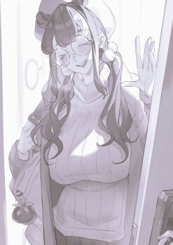 1girl absurdres baijianzi_(bb_panda_bb) bb_panda_bb black_hair braid breasts chinese_commentary closed_eyes coat commentary_request hat highres huge_breasts indoors long_hair monochrome multicolored_hair open_clothes open_coat original round_eyewear smile solo streaked_hair twin_braids