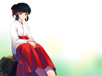 Rule 34 | 1girl, black hair, brown eyes, closed mouth, feet out of frame, folded ponytail, gradient background, hakama, hakama skirt, hands on lap, japanese clothes, kimono, looking at viewer, miko, nihongami, nyaou (round facer), on tree stump, original, own hands together, red hakama, ring sidelocks, short hair, sidelocks, sitting, skirt, smile, solo, tree stump, white kimono
