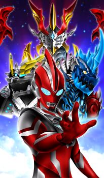 1boy alien armor bird blue_eyes blue_horns blue_sky breastplate chest_jewel cloud cloudy_sky color_timer colored_skin commentary compound_eyes crystal dinosaur dorsal_fin forehead_jewel giant giant_cat giant_male glowing glowing_eyes hand_up hanejidyna86 highres horns kaiju looking_ahead looking_at_viewer looking_down monster multicolored_skin neck_fur omega_slugger open_hand open_mouth pectorals phoenix reaching red_skin rekiness silver_skin single_horn sky star_(sky) starry_sky_background tiger tokusatsu toned toned_male trigaron two-tone_skin ultra_series ultraman_omega ultraman_omega_(series) upper_body valgeness yellow_eyes