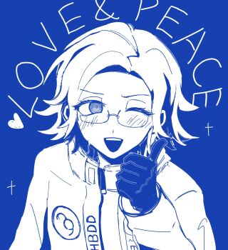 1boy :d aotsuki_eito blue_theme catchphrase chinese_commentary commentary_request english_text frukisthebest glasses gloves heart highres jacket light_blush looking_at_viewer male_focus monochrome one_eye_closed open_mouth short_hair smile solo the_hundred_line_-last_defense_academy- thumbs_up