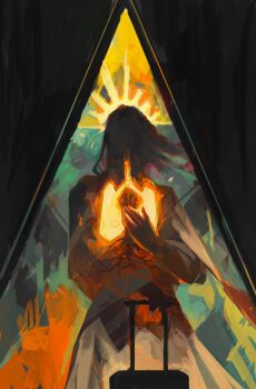 Rule 34 | 1girl, arm behind back, cowboy shot, disco elysium, dolores dei, dora ingerlund, dress, faceless, facing viewer, glowing organ, hand up, highres, jay (inkeyjay), long hair, lungs, shaded face, solo, suitcase, sun behind head, symbolism, triangle, white dress