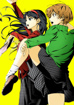 2girls absurdres amagi_yukiko bike_shorts black_eyes black_hair black_shorts black_skirt brown_eyes brown_hair brown_shoes cardigan cowboy_shot fighting_stance floating_hair foot_out_of_frame from_side green_jacket hairband hand_fan highres holding holding_fan houndstooth jacket leg_up long_hair looking_ahead multiple_girls open_mouth persona persona_4 red_cardigan red_hairband sa1meunegg satonaka_chie school_uniform shoes short_hair shorts simple_background skirt socks standing standing_on_one_leg track_jacket white_socks yasogami_school_uniform yellow_background