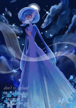 Rule 34 | alternate color, blue hair, blue skin, bob cut, colored skin, dress, field, flower, flower field, gardevoir, gen 3 pokemon, highres, looking at viewer, masyumori, moon, multicolored skin, night, night sky, nintendo, orange eyes, pokemon, pokemon (creature), shiny pokemon, sky, two-tone skin, watermark, white dress, white skin