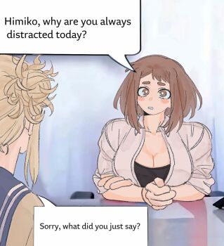 2girls boku_no_hero_academia breasts brown_eyes brown_hair cleavage double_bun feikefen hair_bun highres large_breasts looking_at_another messy_hair multiple_girls photo_background school_uniform serafuku short_hair sitting toga_himiko uraraka_ochako