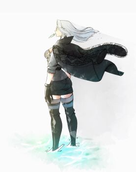 1girl black_boots black_gloves black_jacket black_skirt boots breasts commission floating_hair floating_jacket food food_in_mouth gloves highres jacket long_hair medium_breasts monarch_(amalee) monarch_(mafia)_(amalee) nisego official_alternate_costume popsicle popsicle_in_mouth second-party_source skirt sunglasses virtual_youtuber vshojo wading white_hair