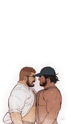 Rule 34 | 2boys, absurdres, bara, bare pectorals, baseball cap, black hair, brown hair, closed mouth, facial hair, glasses, hat, highres, large pectorals, looking at another, male focus, multiple boys, muscular, muscular male, nipples, open clothes, open mouth, open shirt, original, pectorals, shirt, short hair, simple background, suspenders, white background, white shirt, youtian (youtiange)