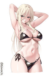 Rule 34 | 1girl, alternate costume, armpits, arms behind head, arms up, bikini, black bikini, blonde hair, breasts, cleavage, commentary request, cowboy shot, ebifurya, hair between eyes, highres, kantai collection, large breasts, long hair, looking at viewer, mole, mole under eye, mole under mouth, richelieu (kancolle), side-tie bikini bottom, smile, solo, swimsuit, twitter username, white background, yellow eyes