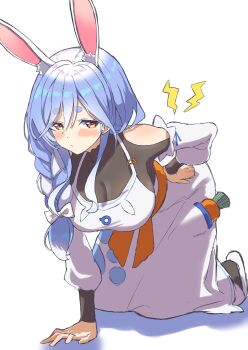 123haruno_oto 1girl animal_ears bare_shoulders blue_hair blush braid breasts carrot commentary_request hand_on_floor hand_on_own_hip highres hololive large_breasts long_sleeves looking_at_viewer multicolored_hair pekomama rabbit_ears rabbit_girl red_eyes side_braid simple_background slippers solo thick_eyebrows two-tone_hair white_background white_hair white_slippers