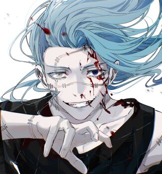 1boy absurdres black_shirt blood blood_on_face blood_on_neck blood_splatter blue_eyes blue_hair chinese_commentary collarbone colored_skin floating_hair grey_eyes grin hand_up heterochromia highres injury jujutsu_kaisen long_hair looking_at_viewer mahito_(jujutsu_kaisen) male_focus nidexintu nosebleed off_shoulder pale_skin patchwork_skin portrait shirt simple_background single_bare_shoulder smile solo stitches teeth upper_body white_background