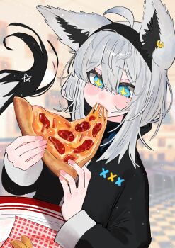 1girl absurdres ahoge alternate_costume animal_ear_fluff animal_ears aqua_eyes commentary earrings eating english_commentary food food_in_mouth fox_ears fox_girl fox_tail hair_between_eyes hairband highres hololive indoors jewelry long_hair long_sleeves pentagram pink_nails pizza pizza_slice plate shirakami_fubuki shirakami_fubuki_(loungewear) single_earring sitting star-shaped_pupils star_(symbol) symbol-shaped_pupils tail virtual_youtuber white_hair yuuppi
