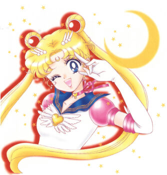 1girl absurdres bishoujo_senshi_sailor_moon blonde_hair blue_eyes brooch crescent crescent_moon eternal_sailor_moon facial_mark forehead_mark heart heart_brooch highres jewelry magical_girl moon neck_ribbon non-web_source one_eye_closed ribbon sailor_collar sailor_moon salute scan smile takeuchi_naoko twintails two-finger_salute white_background