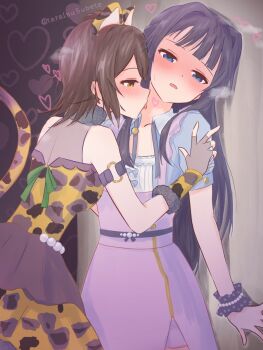 Rule 34 | 2girls, arm strap, blue eyes, blush, bracelet, brown hair, commentary request, dress, fingerless gloves, gaogao leopard (idolmaster), gloves, grey gloves, heart, highres, idolmaster, idolmaster million live!, jewelry, kasuga mirai, licking, licking another's neck, mogami shizuka, multiple girls, parted lips, pure mine lady (idolmaster), purple dress, purple hair, tarainusubete, twitter username, yellow eyes, yuri