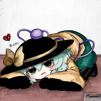 1girl all_fours black_eyes black_hat black_pantyhose bow commentary_request floral_print frilled_sleeves frills full_body green_hair green_skirt hat hat_bow hat_ribbon heart heripantomorrow komeiji_koishi long_sleeves medium_hair no_shoes open_mouth pantyhose print_skirt ribbon rose_print shirt skirt smile solo third_eye touhou translation_request yellow_bow yellow_ribbon yellow_shirt