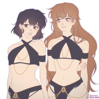 2girls arm_behind_back black_eyes black_hair blunt_bangs bob_cut brown_eyes brown_hair clothing_request cowboy_shot han_sooyoung hand_on_own_arm head_tilt highres multiple_girls nadardoh omniscient_reader&#039;s_viewpoint revealing_clothes short_hair standing stomach talking toned toned_female yoo_sangah yuri