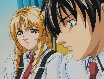 00s 1boy 1girl 2006 animated animated_gif anime_screenshot bible_black bible_black_black_sacrifice bible_black_night_of_the_walpulgiss blonde_hair bouncing_breasts breasts curtains drill_hair drill_sidelocks green_eyes long_hair minase_taki necktie red_necktie school_uniform shiraki_rika shirt sidelocks surprised suspenders tagme